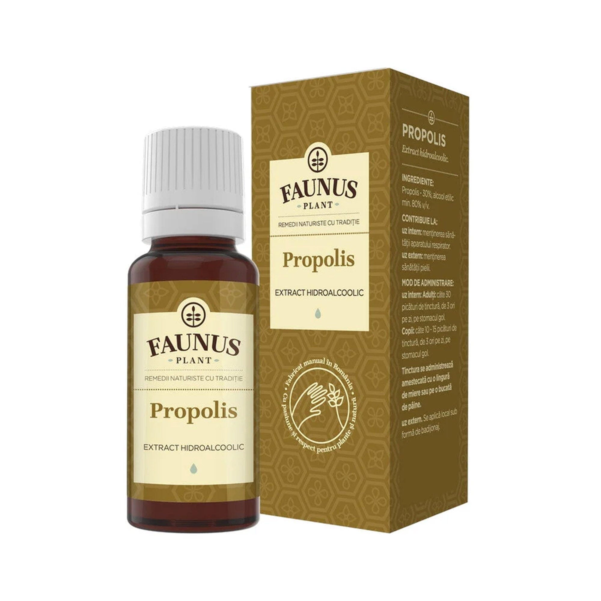 Propolis - Tinctură. Sticlă 20ml. Extract hidroalcoolic concentrat din propolis pentru uz intern și extern cu efect antiinflamator, analgezic și cicatrizant Tinctura Simpla Faunus Plant 