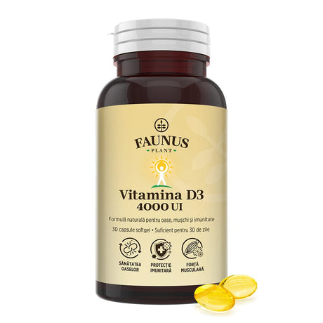 Flacon Vitamina D3 4000 UI capsule de la Faunus Plant cu două capsule de culoare galbenă alături, în partea dreaptă