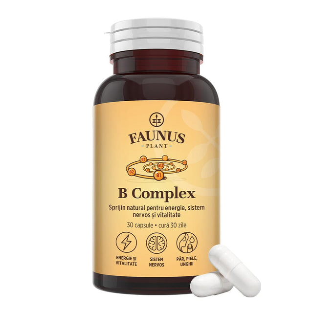 Vitamina B Complex – Capsule pentru metabolism energetic, sistem nervos și imunitate. Flacon 30 capsule Supliment alimentar Faunus Plant 