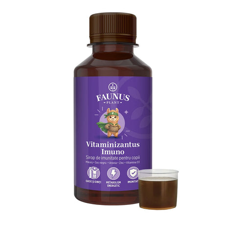 Vitaminizantus Imuno – Sirop pentru copii cu vitamina C, zinc și vitamina D3 pentru susținerea sistemului imunitar. Flacon 200ml Sirop cu miere Faunus Plant 