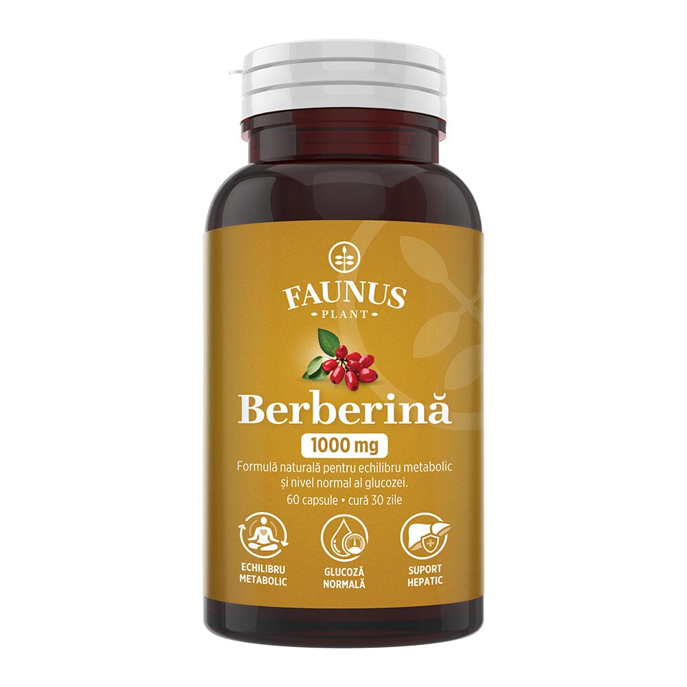 Berberină 1000 mg / 2 capsule. Formulă naturală pentru echilibru metabolic, menținerea colesterolului și trigliceridelor în valori optime. Flacon 60 capsule Supliment alimentar Faunus Plant 