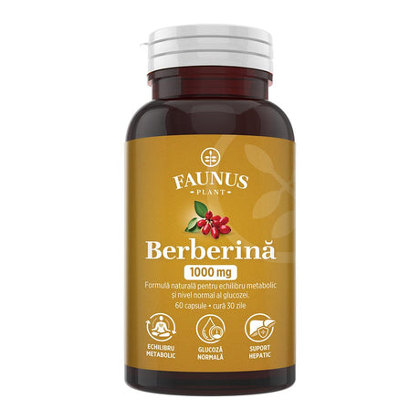 Berberină 1000 mg / 2 capsule. Formulă naturală pentru echilibru metabolic, menținerea colesterolului și trigliceridelor în valori optime. Flacon 60 capsule Supliment alimentar Faunus Plant 