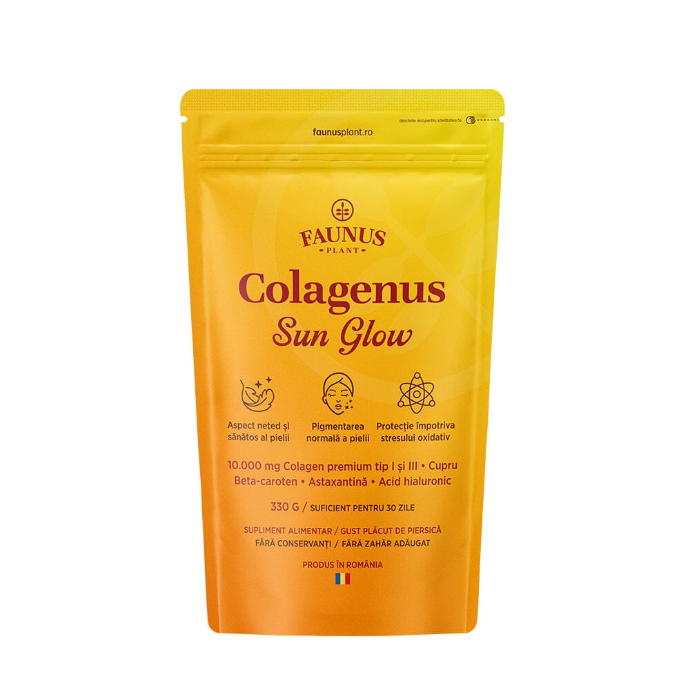 Colagenus Sun Glow – Colagen pudră pentru bronz uniform, piele radiantă și luminoasă. 10.000mg colagen, Vitamina C + E, zinc, cupru și acid hialuronic. Pudră 330g Supliment alimentar Faunus Plant 