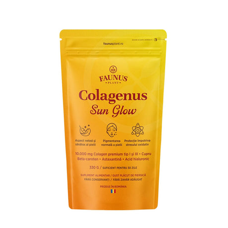 Colagenus Sun Glow – Colagen pudră pentru bronz uniform, piele radiantă și luminoasă. 10.000mg colagen, Vitamina C + E, zinc, cupru și acid hialuronic. Pudră 330g Supliment alimentar Faunus Plant 