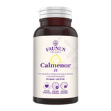 Flacon capsule Calmenor Zi de la Faunus Plant, cu etichetă vizibilă, cu logo și informații despre formulă și beneficii principale.