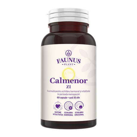 Flacon capsule Calmenor Zi de la Faunus Plant, cu etichetă vizibilă, cu logo și informații despre formulă și beneficii principale.