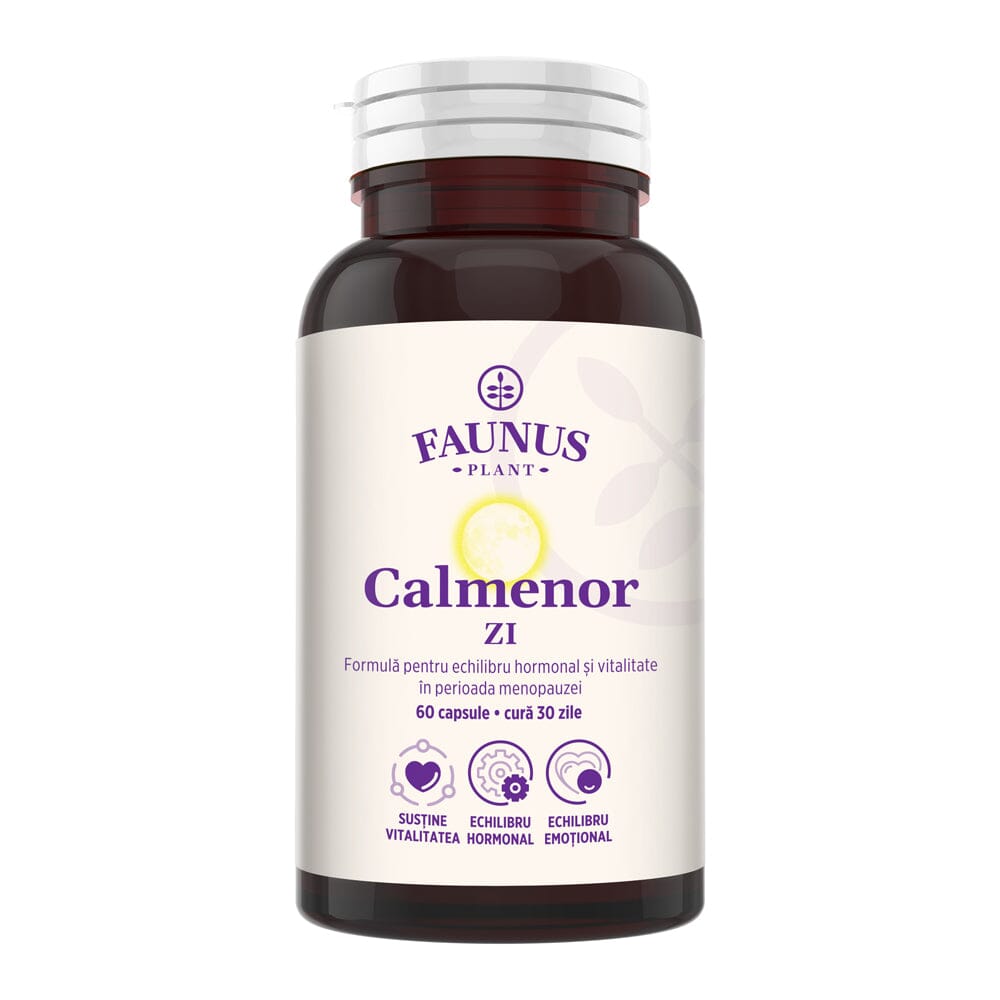 Flacon capsule Calmenor Zi de la Faunus Plant, cu etichetă vizibilă, cu logo și informații despre formulă și beneficii principale.
