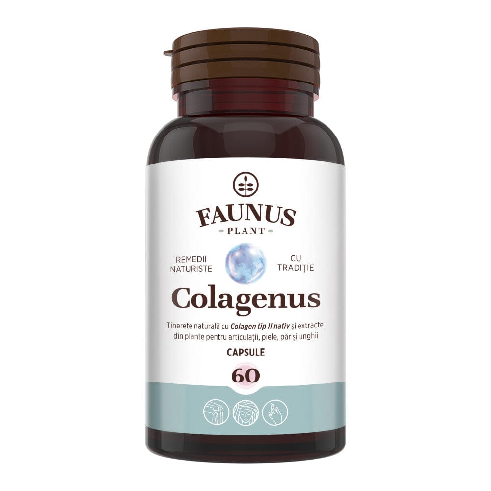Flacon Colagenus Capsule de la Faunus Plant din față pe fundal alb