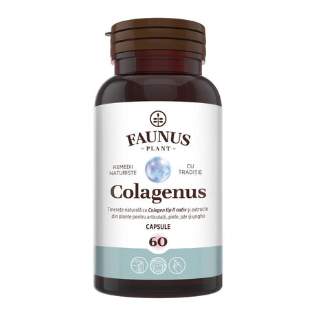 Flacon Colagenus Capsule de la Faunus Plant din față pe fundal alb