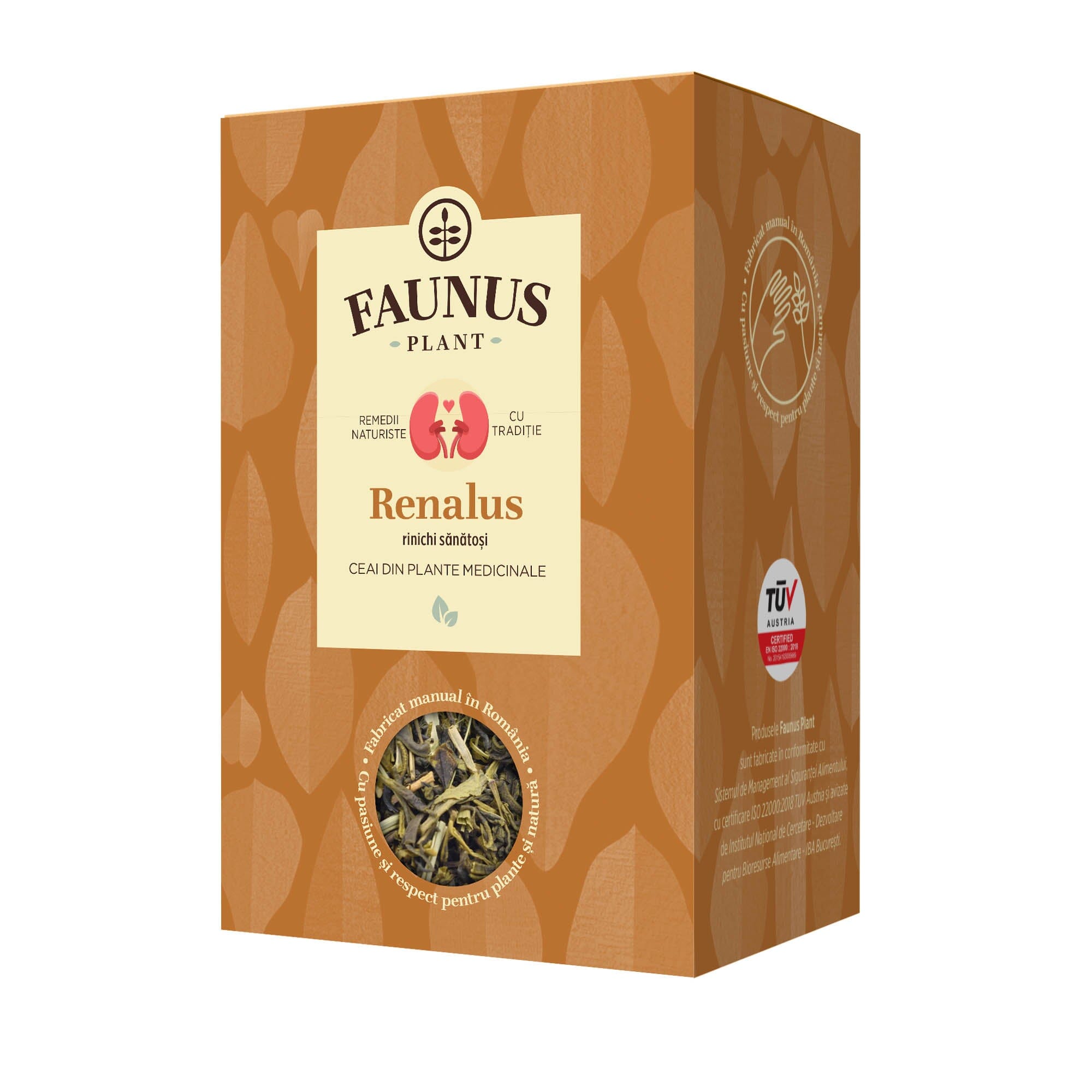 Cutie de ceai Renalus 90g de la Faunus Plant, realizată din plante medicinale, cu ambalaj maro și detalii despre beneficiile pentru sănătatea rinichilor. Logo-ul Faunus Plant este în centru, alături de certificarea TÜV Austria și sigla 