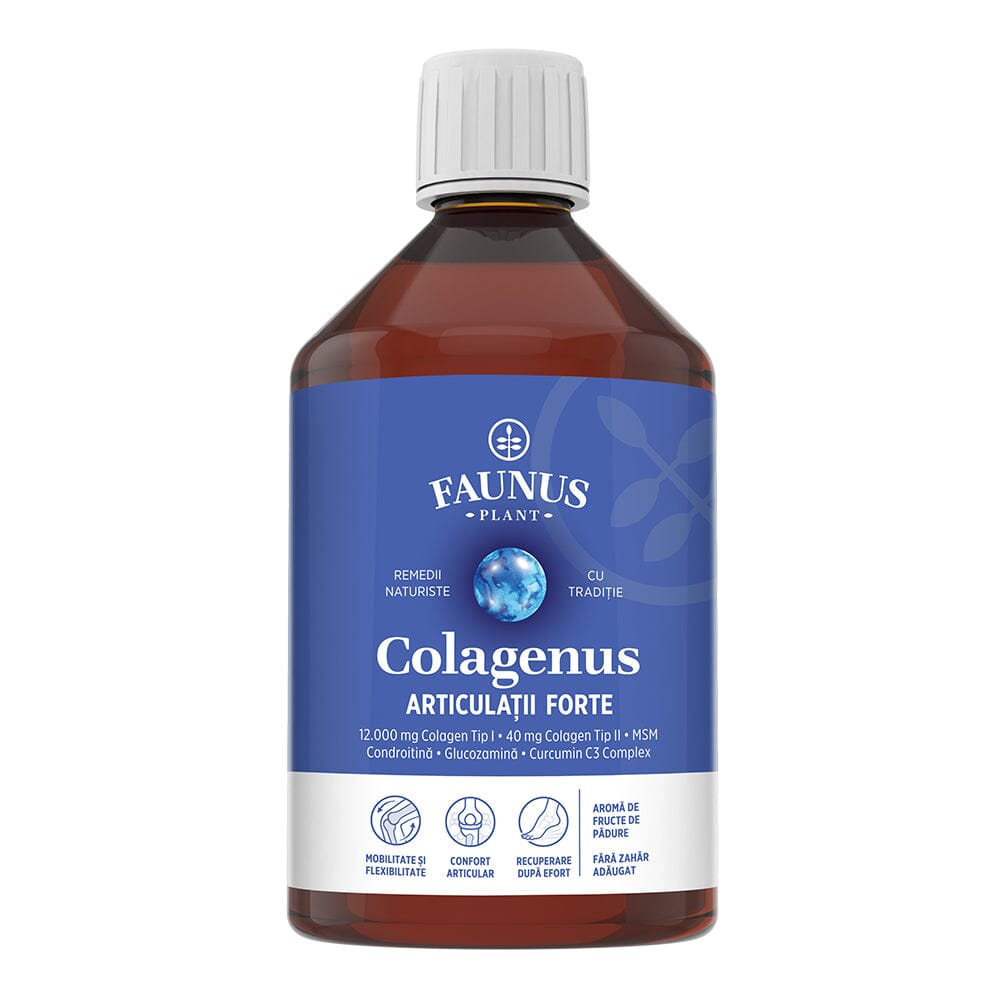 Colagenus Articulații Forte - Colagen lichid concentrat, 12.000mg colagen tip 1 și 40mg colagen tip 2. Flacon 500ml. Susține sănătatea articulațiilor, reducerea inflamațiilor și durerii reumatice, refacerea mușchilor și ligamentelor Supliment alimentar Faunus Plant 