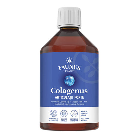 Colagenus Articulații Forte - Colagen lichid concentrat, 12.000mg colagen tip 1 și 40mg colagen tip 2. Flacon 500ml. Susține sănătatea articulațiilor, reducerea inflamațiilor și durerii reumatice, refacerea mușchilor și ligamentelor Supliment alimentar Faunus Plant 