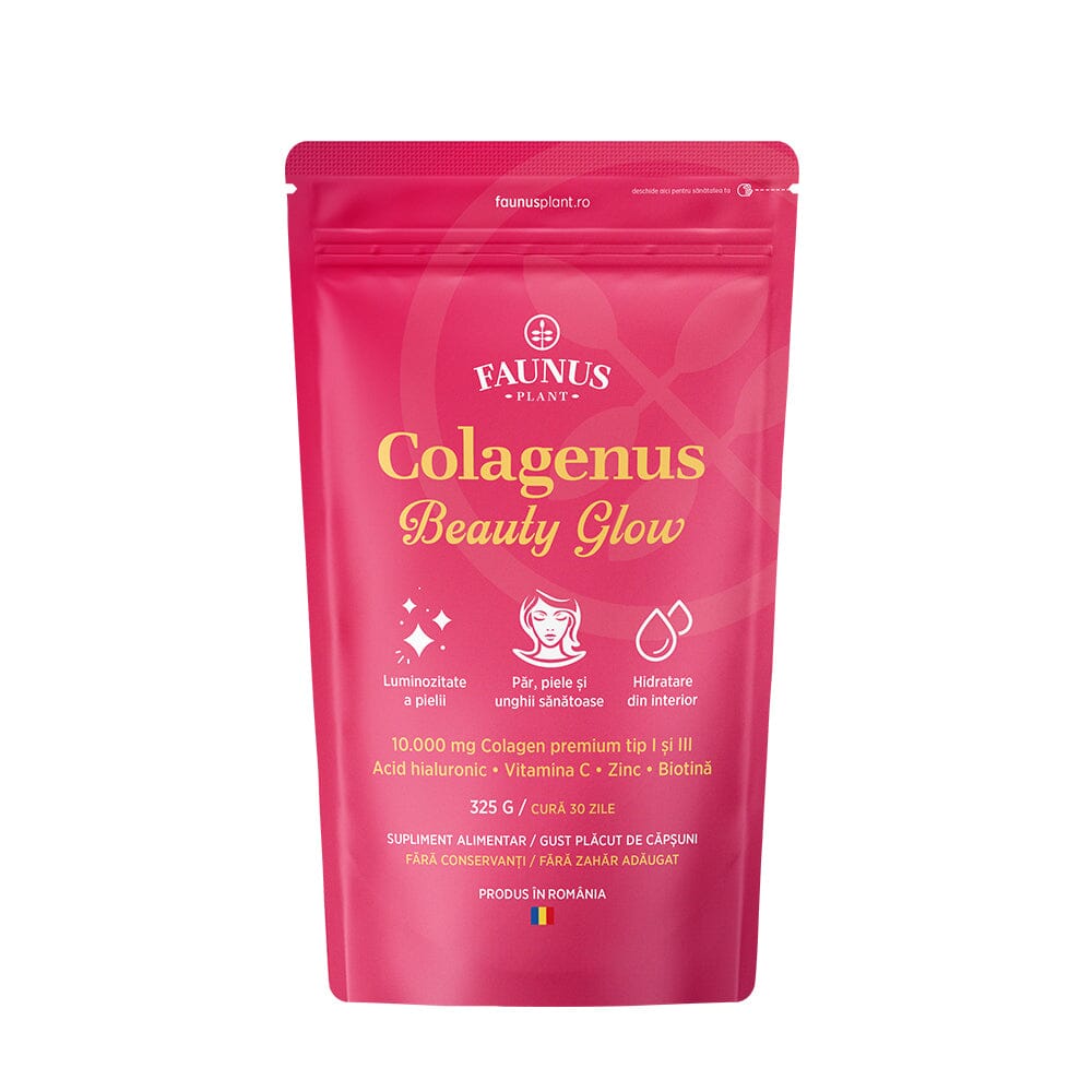 Colagenus Beauty Glow – Colagen hidrolizat pudră tip 1 și 3. Concentrație mare 10.000mg pentru piele hidratată și luminoasă, păr și unghii puternice. Pudră 325g Supliment alimentar Faunus Plant 