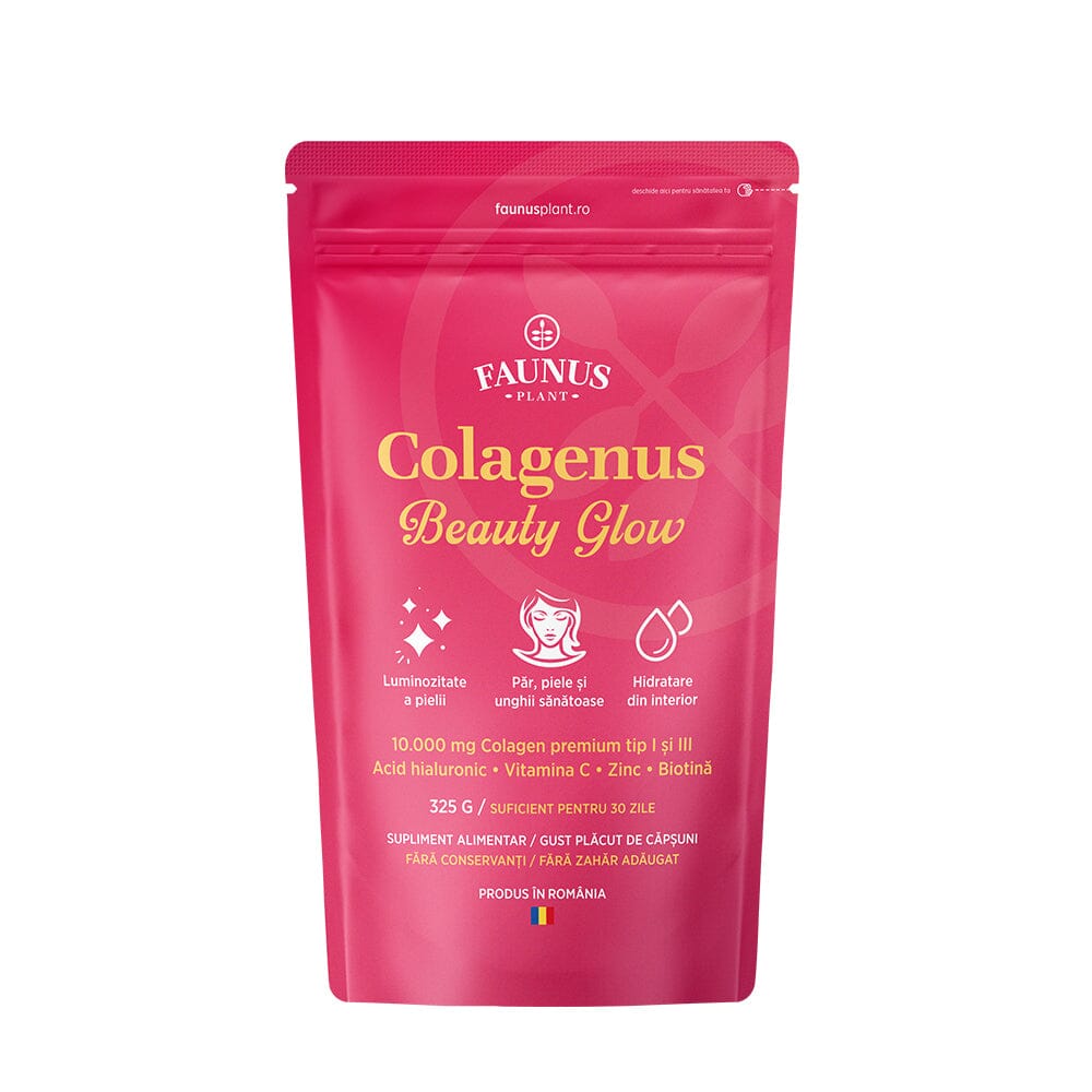 Colagenus Beauty Glow – Colagen hidrolizat pudră tip 1 și 3. Concentrație mare 10.000mg pentru piele hidratată și luminoasă, păr și unghii puternice. Pudră 325g Supliment alimentar Faunus Plant 