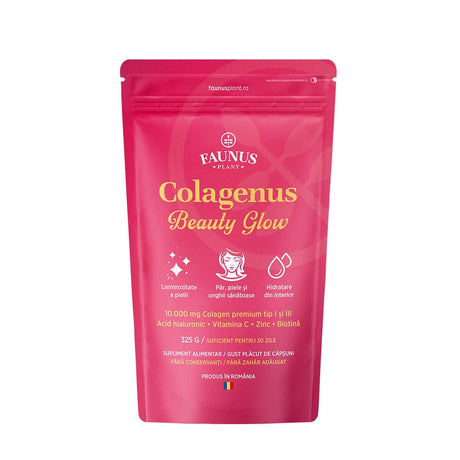 Colagenus Beauty Glow – Colagen hidrolizat pudră tip 1 și 3. Concentrație mare 10.000mg pentru piele hidratată și luminoasă, păr și unghii puternice. Pudră 325g Supliment alimentar Faunus Plant 