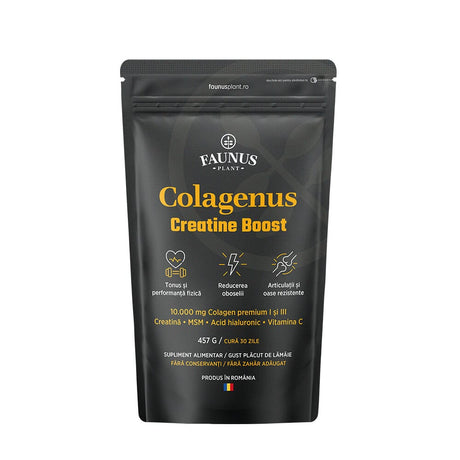 Colagenus Creatine Boost – Colagen pudră cu acid hialuronic și creatină. Colagen tip 1 și 3 pentru masa musculară, articulații sănătoase și piele hidratată. Pudră 450g Pudra Faunus Plant 