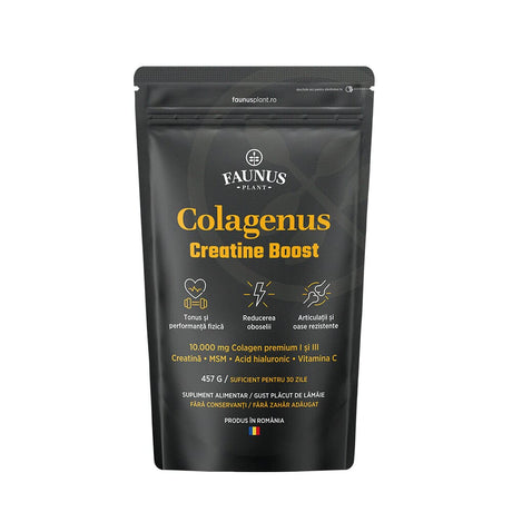 Colagenus Creatine Boost – Colagen pudră cu acid hialuronic și creatină. Colagen tip 1 și 3 pentru masa musculară, articulații sănătoase și piele hidratată. Pudră 457g Supliment alimentar Faunus Plant 