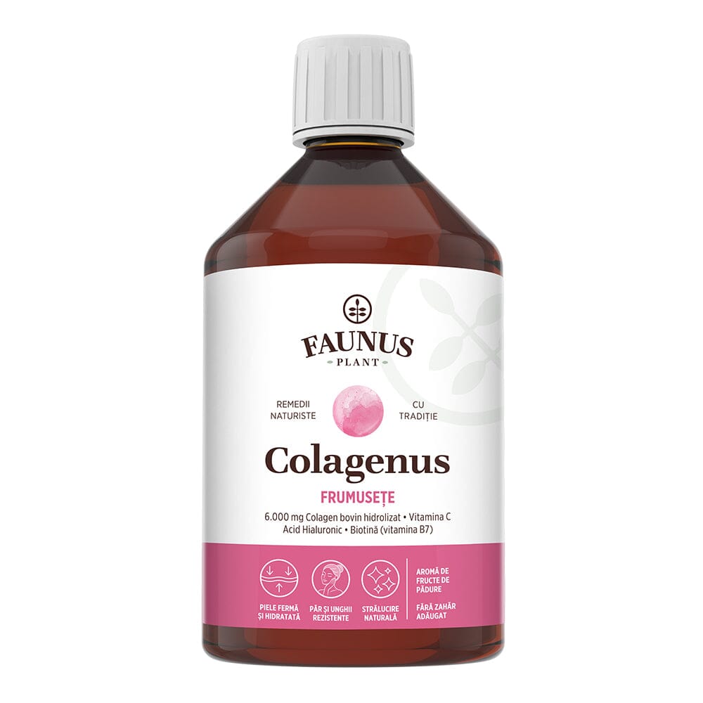 Colagenus Frumusețe - Colagen lichid hidrolizat cu acid hialuronic și biotină. Flacon 500ml. Susține sănătatea și frumusețea pielii, unghiilor și părului. Reduce ridurile și căderea părului. Întărește unghiile Supliment alimentar Faunus Plant 
