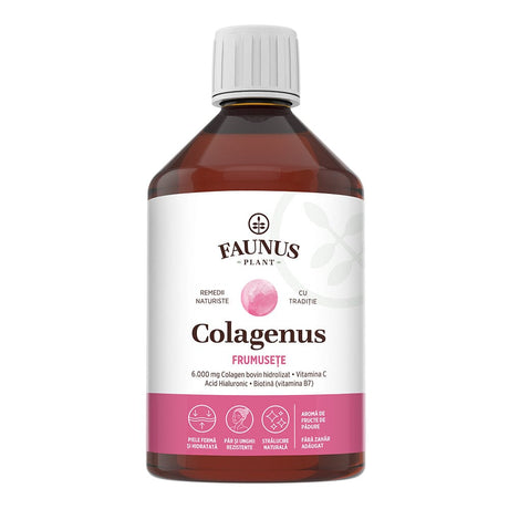 Colagenus Frumusețe - Colagen lichid hidrolizat cu acid hialuronic și biotină. Flacon 500ml. Susține sănătatea și frumusețea pielii, unghiilor și părului. Reduce ridurile și căderea părului. Întărește unghiile Supliment alimentar Faunus Plant 