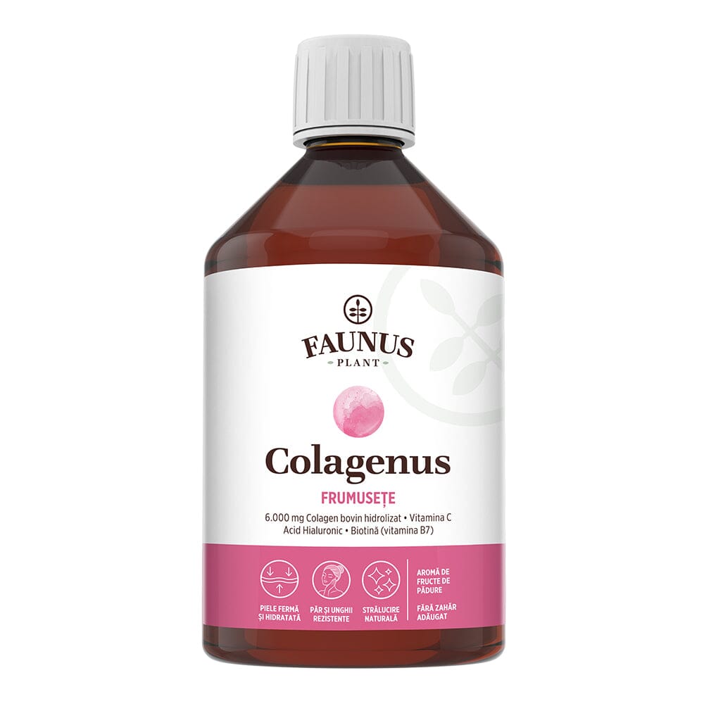 Colagenus Frumusețe - Colagen lichid hidrolizat cu acid hialuronic și biotină. Flacon 500ml. Susține sănătatea și frumusețea pielii, unghiilor și părului. Reduce ridurile și căderea părului. Întărește unghiile Supliment alimentar Faunus Plant 