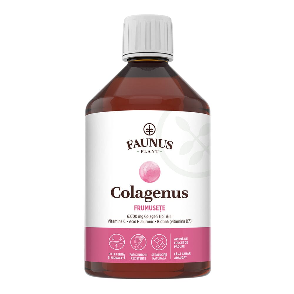 Colagenus Frumusețe - Colagen lichid hidrolizat cu acid hialuronic și biotină. Flacon 500ml. Susține sănătatea și frumusețea pielii, unghiilor și părului. Reduce ridurile și căderea părului. Întărește unghiile Supliment alimentar Faunus Plant 
