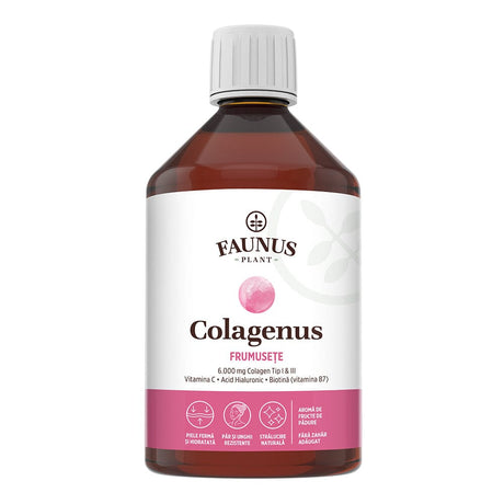 Colagenus Frumusețe - Colagen lichid hidrolizat cu acid hialuronic și biotină. Flacon 500ml. Susține sănătatea și frumusețea pielii, unghiilor și părului. Reduce ridurile și căderea părului. Întărește unghiile Supliment alimentar Faunus Plant 
