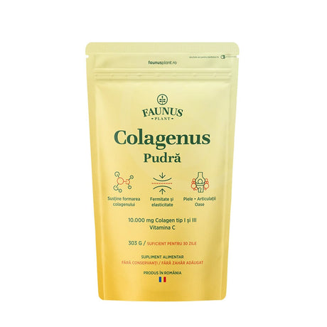 Colagenus Pudră - Colagen hidrolizat concentrat. 10.000 mg tip 1 și tip 3 cu vitamina C. Susține sănătatea articulațiilor, pielii și oaselor. Pudră 303g Supliment alimentar Faunus Plant 