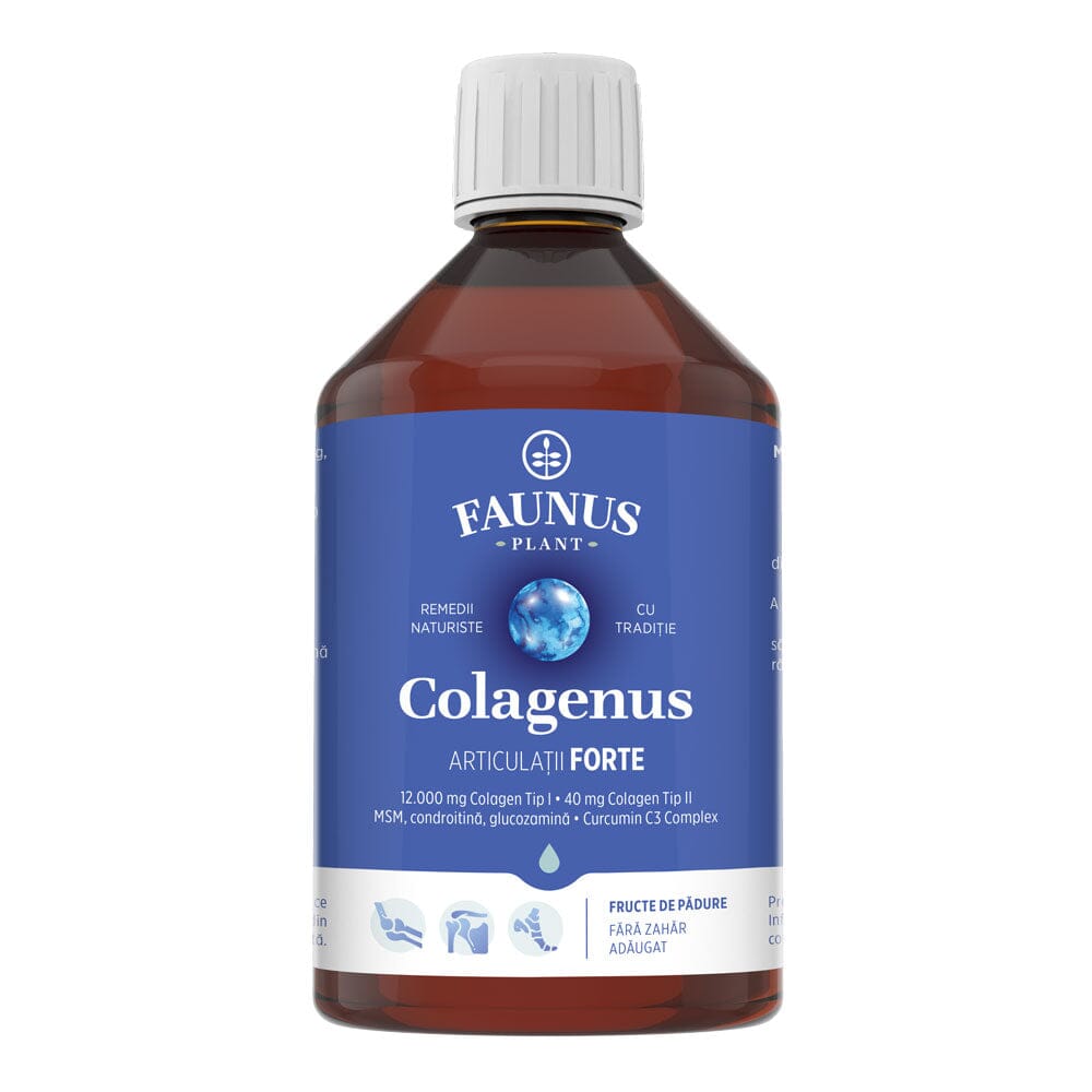Colagenus Articulații Forte - Colagen lichid concentrat, 12.000mg colagen tip 1 și 40mg colagen tip 2. Flacon 500ml. Susține sănătatea articulațiilor, reducerea inflamațiilor și durerii reumatice, refacerea mușchilor și ligamentelor Supliment alimentar Faunus Plant 