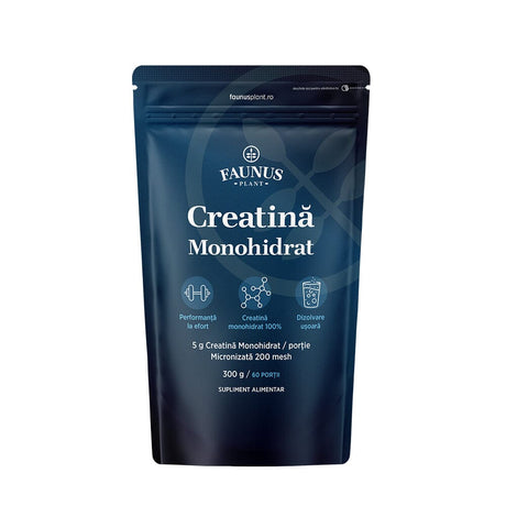 Creatină Monohidrat – Creatină pudră micronizată 200 mesh pentru performanță fizică și forță musculară. Pudră 300g Supliment alimentar Faunus Plant 