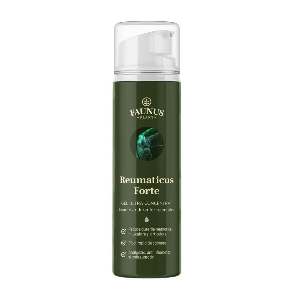 Flacon gel Reumaticus Forte de la Faunus Plant, gel ultra concentrat împotriva durerilor reumatice, cu ambalaj verde și capac alb.