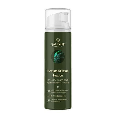 Flacon gel Reumaticus Forte de la Faunus Plant, gel ultra concentrat împotriva durerilor reumatice, cu ambalaj verde și capac alb.