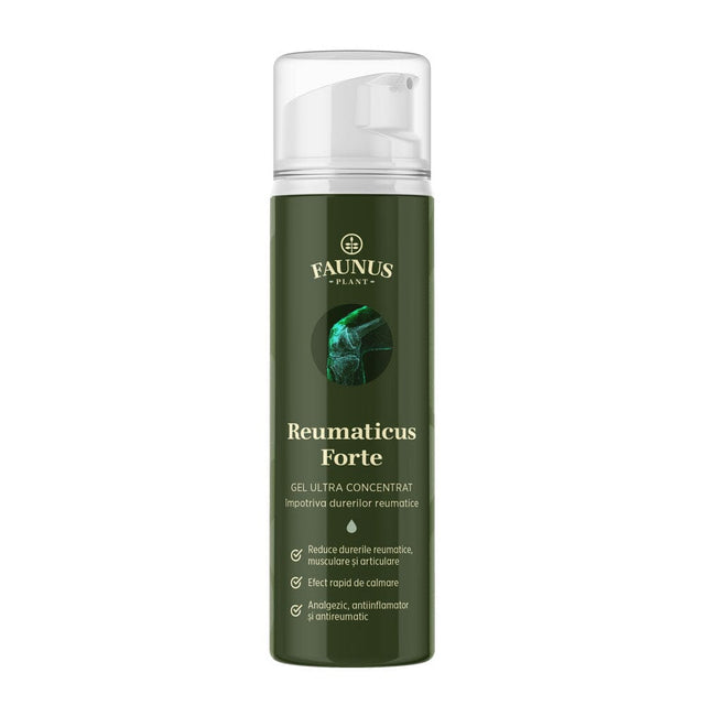 Flacon gel Reumaticus Forte de la Faunus Plant, gel ultra concentrat împotriva durerilor reumatice, cu ambalaj verde și capac alb.