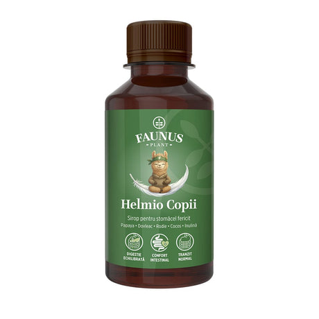 Helmio Copii – Sirop blând din plante medicinale și prebiotic pentru digestie și echilibru intestinal. Flacon 200 ml Sirop Faunus Plant 