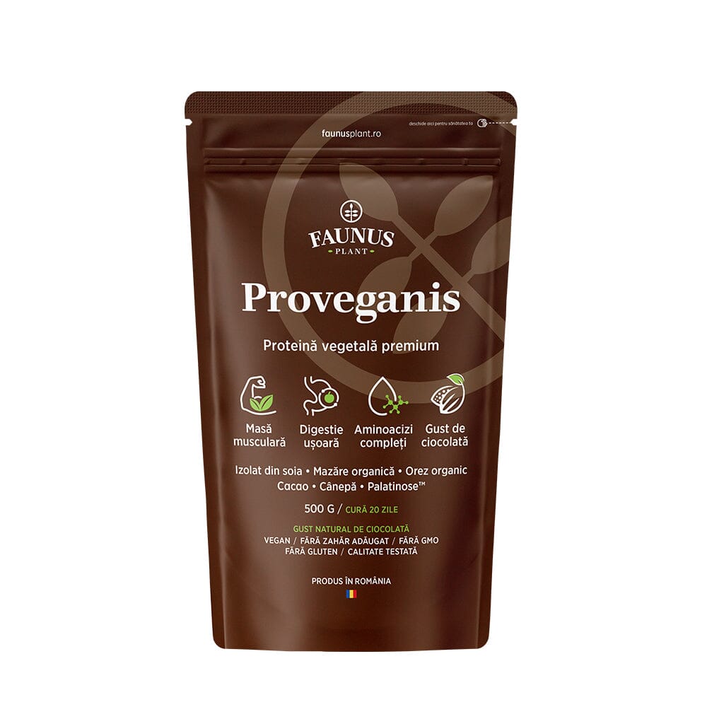 Proveganis - Proteină vegetală cu aromă de ciocolată. Amestec natural pentru energie și susținerea masei musculare. Pudră 500 g Superalimente Faunus Plant 