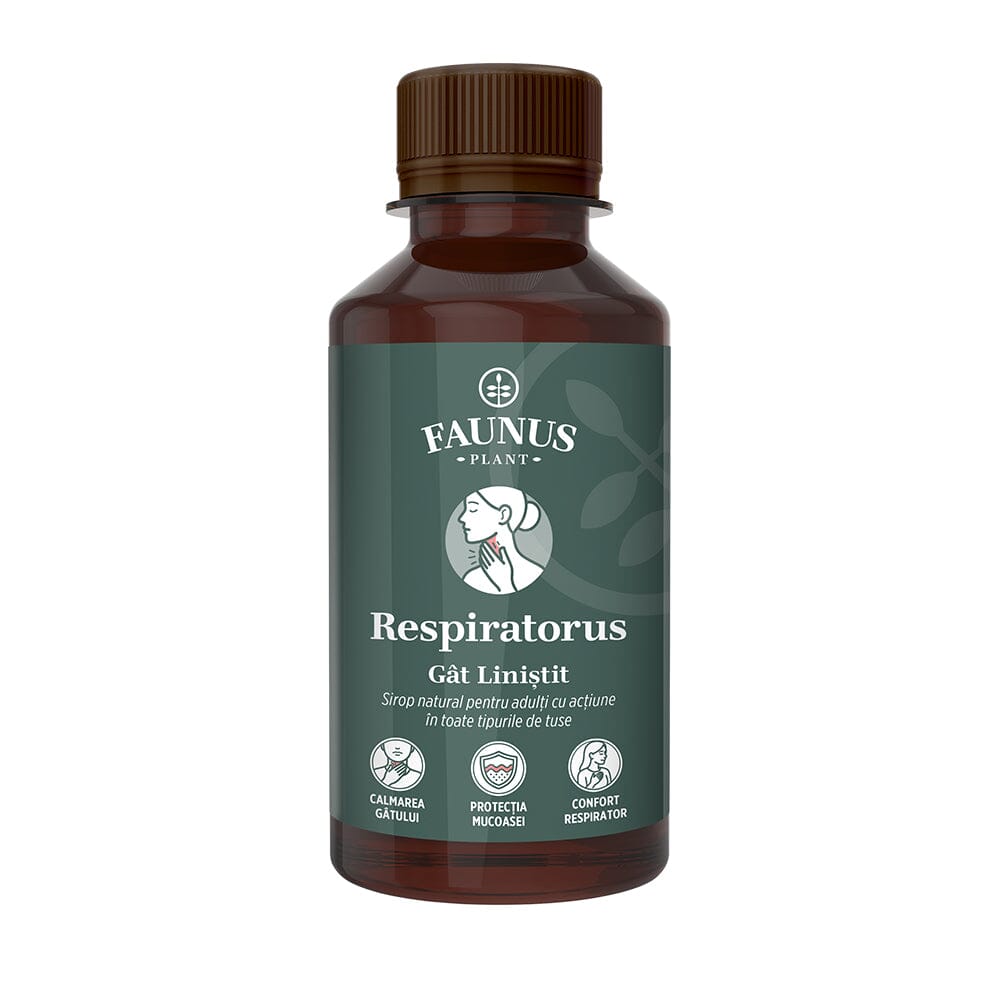 Respiratorus Gât Liniștit – Sirop pentru tuse cu rol emolient și calmant pentru gâtul iritat. Flacon 200ml Sirop cu miere Faunus Plant 