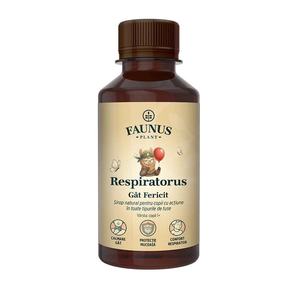 Respiratorus Gât Fericit – Sirop pentru copii. Susține confortul gâtului și căilor respiratorii. Flacon 200ml Sirop cu miere Faunus Plant 
