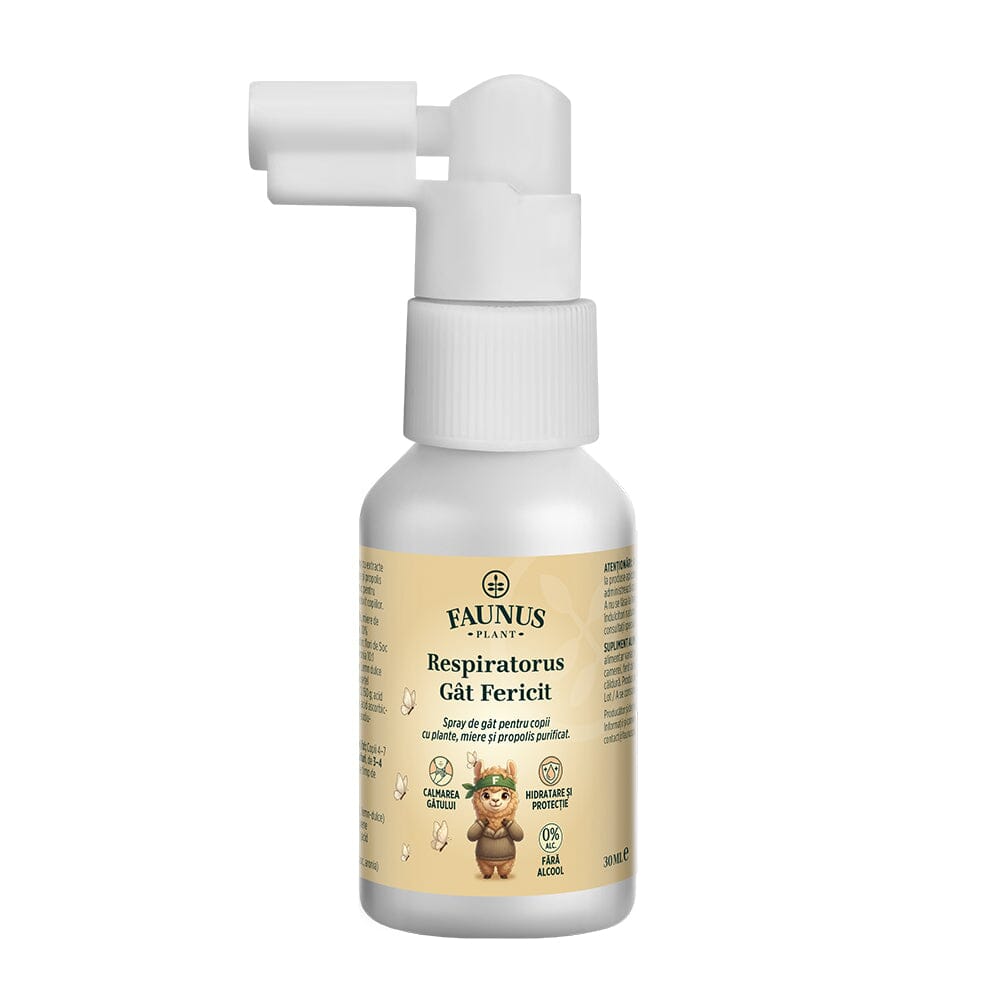 Respiratorus Gât Fericit - Spray de gât copii cu extracte naturale, propolis și miere. Efect calmant și hidratant. Flacon 30 ml Sprayuri Faunus Plant 