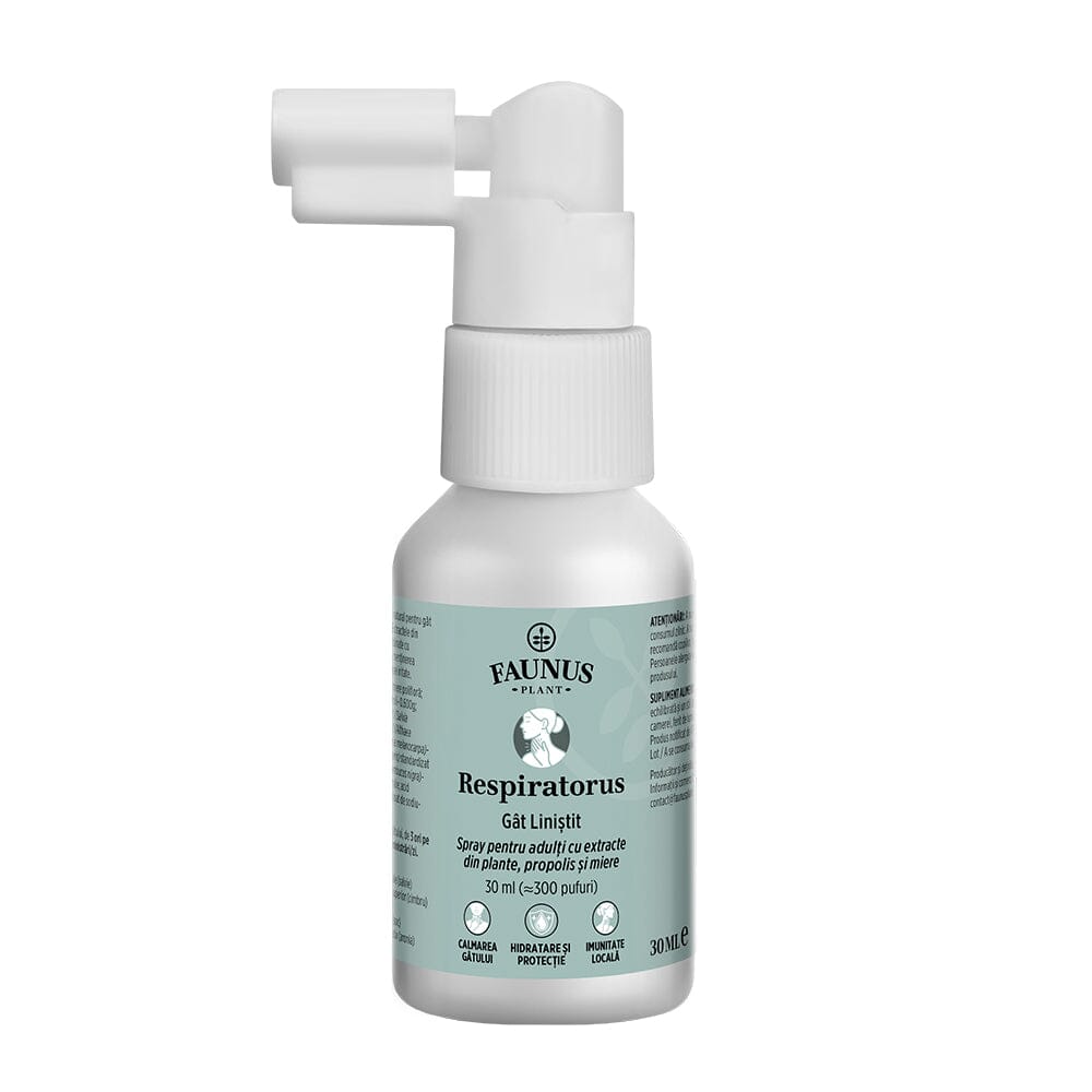 faunusplant.ro Respiratorus Gât Liniștit – Spray de gât pentru adulți cu propolis, miere și plante. Efect calmant și hidratant. Flacon 30 ml