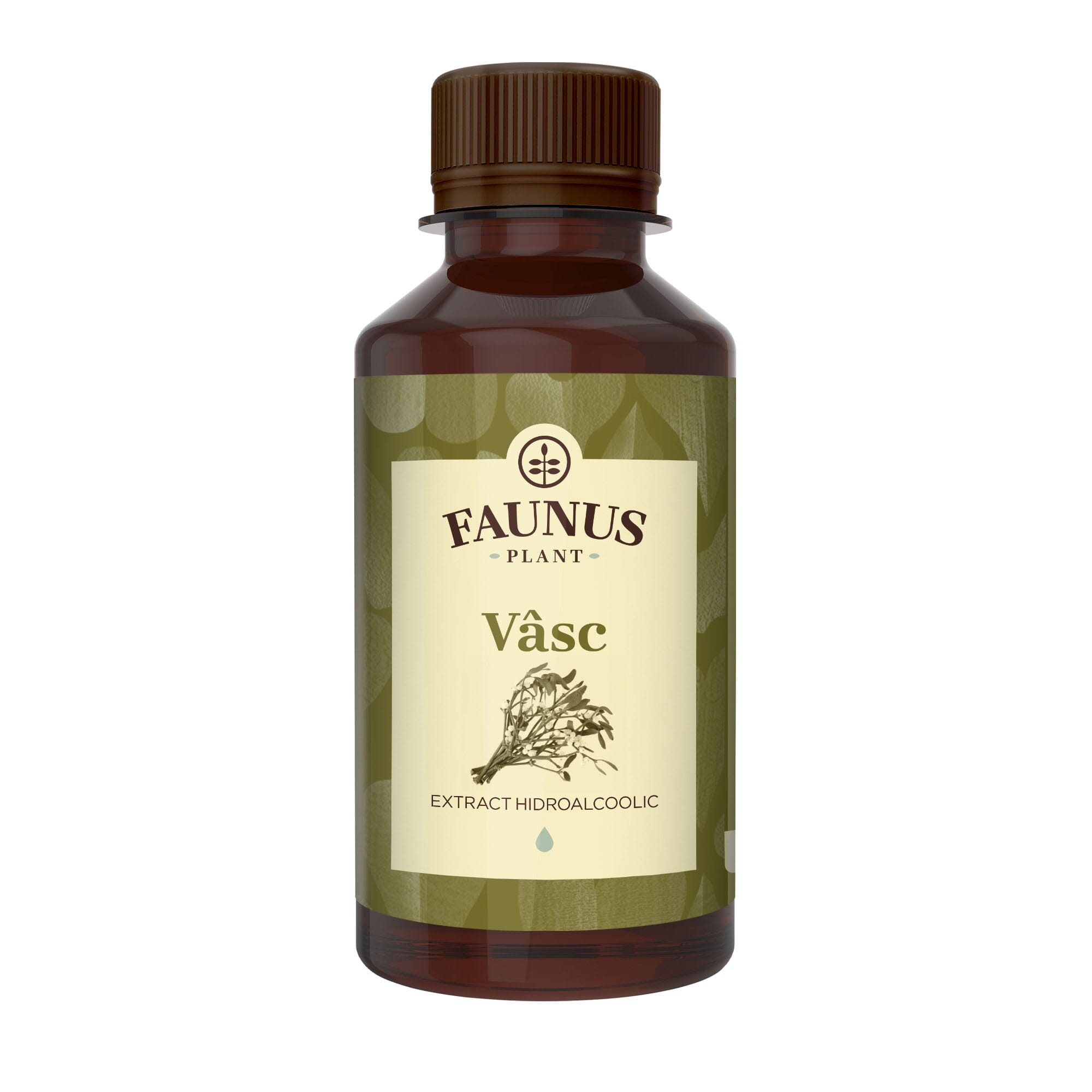 Flaconul tincturii Vâsc de 200 ml, de culoare verde, cu eticheta frontală vizibilă, având logo, denumire și un element grafic reprezentativ.