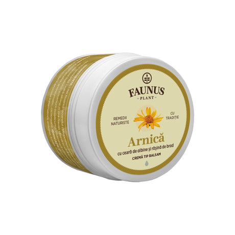 Cutie de Unguent Arnica 50ml de la Faunus Plant, vedere frontală și laterală, etichetă galbenă cu ilustrație a plantei Arnica montana. Produs destinat îngrijirii durerilor articulare, inflamațiilor și rănilor. Cu ceară de albine și rășină de brad. Cremă tip balsam. Inscripționată cu „Remedii Naturiste” și „Cu Tradiție”.