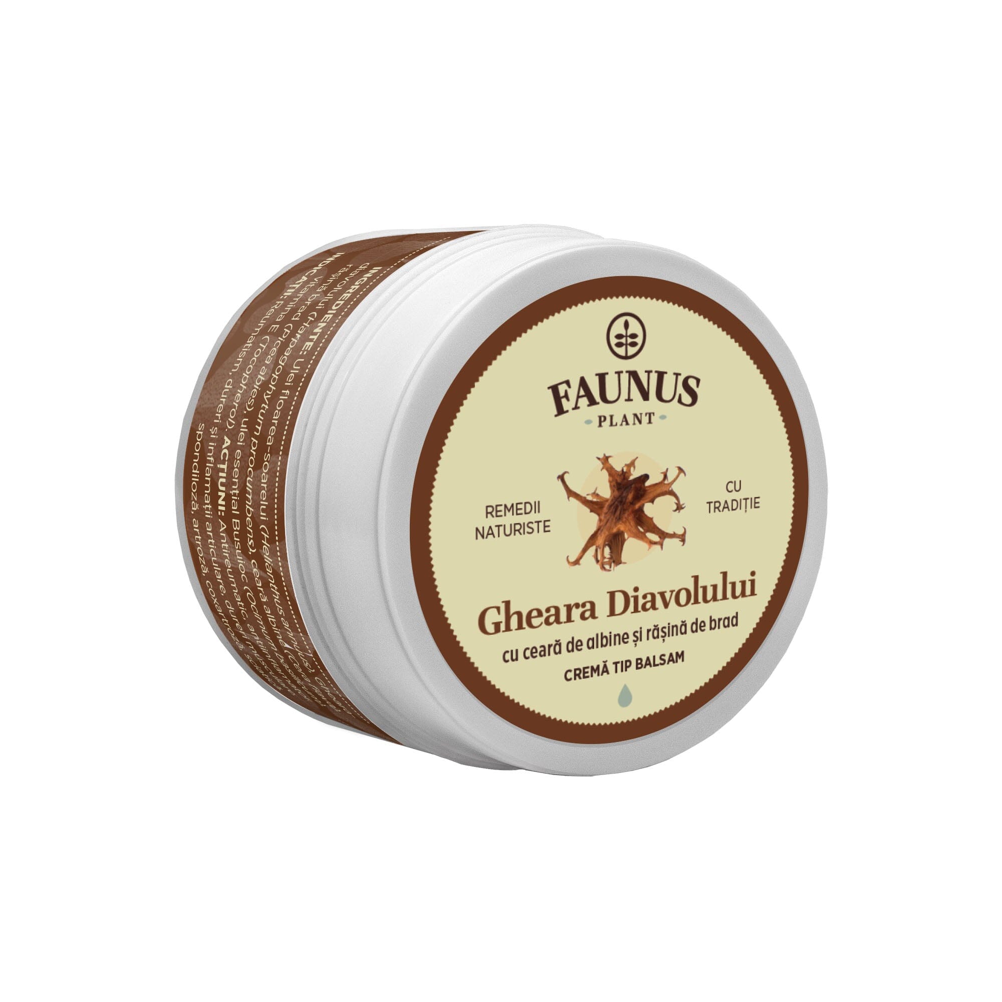 Cutie de Unguent Gheara Diavolului 50ml de la Faunus Plant, vedere frontală, cu design maro și ilustrație a plantei Gheara Diavolului. Cu ceară de albine și rășină de brad. Cremă tip balsam. Eticheta menționează că produsul este un remediu naturist cu tradiție, cremă tip balsam. Logo Faunus Plant prezent.