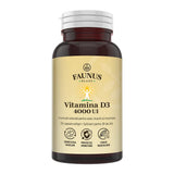 Flacon capsule Vitamina D3 4000 UI de la Faunus Plant, cu etichetă vizibilă, cu logo și informații despre formulă și beneficii principale.