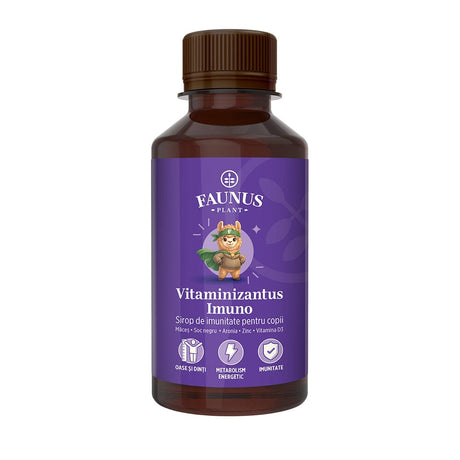 Vitaminizantus Imuno – Sirop pentru copii cu vitamina C, zinc și vitamina D3 pentru susținerea sistemului imunitar. Flacon 200ml Sirop cu miere Faunus Plant 