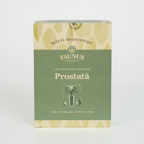 Ceaiul Prostată 180g de la Faunus Plant fotografiat din față, cu detalii clare ale designului ambalajului și mesajul principal „Susține funcționarea normală a prostatei”.