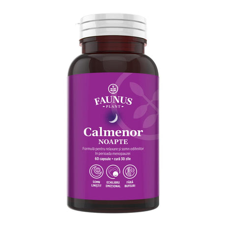 Flacon capsule Calmenor Noapte de la Faunus Plant, cu etichetă vizibilă, cu logo și informații despre formulă și beneficii principale.
