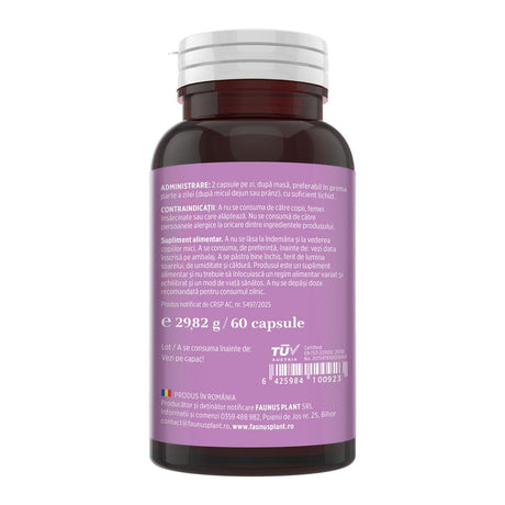 Vedere laterală dreapta a flaconului de capsule Folicalis de la Faunus Plant, afișând informații despre precauții, contraindicații,  certificarea TUV Austria și cod de bare.