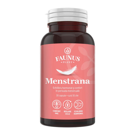 Flacon capsule Menstrana de la Faunus Plant, cu etichetă vizibilă, cu logo și informații despre formulă și beneficii principale.