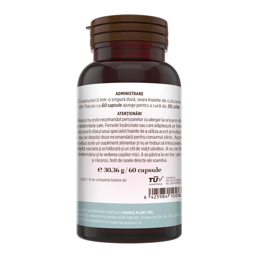 Flacon Colagenus Capsule de la Faunus Plant pe fundal alb din lateral dreapta. Etichetă vizibilă cu mod de administrare, atenționări explicate, cantitate, logo TUV Austria și detalii despre producător.