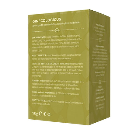 Cutie de Ceai Ginecologicus 90g de la Faunus Plant, vedere spate, afișând lista ingredientelor și modul de administrare. Ceai destinat susținerii sănătății aparatului genital feminin și menținerii microflorei vaginale normale. Ingrediente: Coada-șoricelului (Achillea millefolium) părți aeriene (25%), Crețișoară (Alchemilla vulgaris) părți aeriene (25%), Gălbenele (Calendula officinalis) flori (20%), Mușețel (Matricaria chamomilla) flori (20%), Rostopască (Chelidonium majus) părți aeriene (10%).