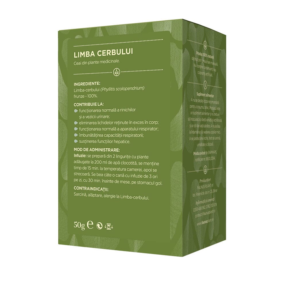 Cutie de Ceai Limba Cerbului de la Faunus Plant, vedere din spate, cu detalii despre ingrediente și mod de administrare. Ingrediente: Limba cerbului (Phyllitis scolopendrium) frunze – 100%. Recomandat pentru susținerea funcțiilor renale, hepatice și respiratorii.